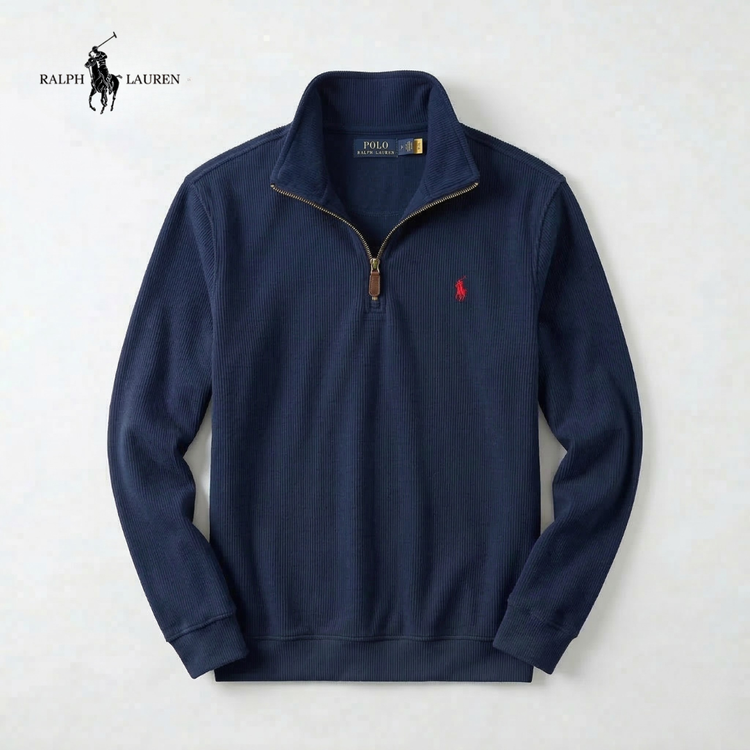 Jersey de algodón suave RL para hombre – Cuello levantado con cremallera y manga larga